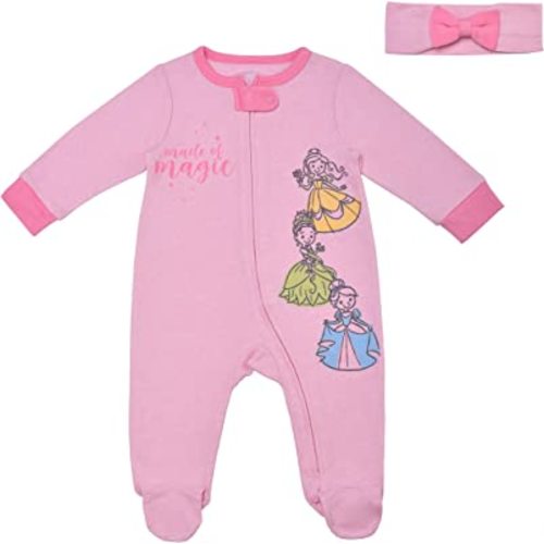 Disney Princess Girls’ Long Sleeve Footed Romper Coverall With Bow Headband for Newborn – Pink/White