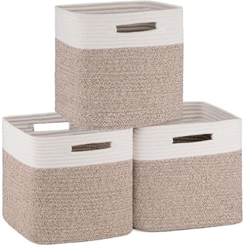 OIAHOMY Cube Storage Basket, 3-Pack Woven Cotton Rope Baskets for Storage, 11-Inch Cube Basket with Handles, Great for Shelves, Closets, Children's Toy Storage and Organization-White & Brown