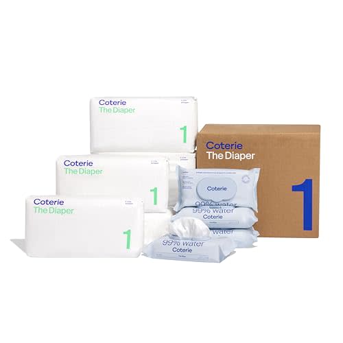 Coterie Baby Diapers + Wipes Baby Kit, Size 1 (8-12 lbs) 198 Count + 4 Wipe Packs (224 Wipes) Made with Plant-Derived Fibers, Hypoallergenic, Designed for Sensitive Skin, Clean Ingredients