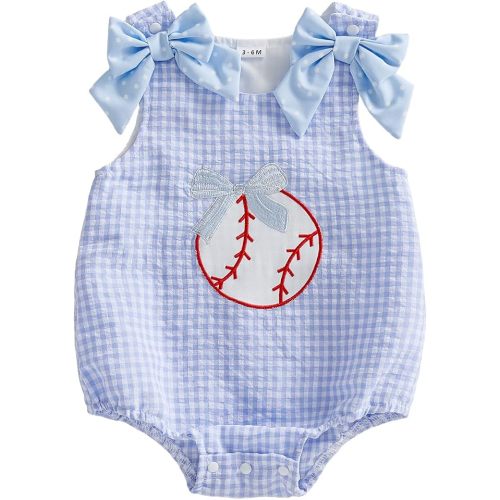 Newborn Baby Girl Baseball Outfit Bow Baseball Bubble Romper Sleeveless Overalls Plaid Bodysuit Infant Summer Clothes 6-12 months