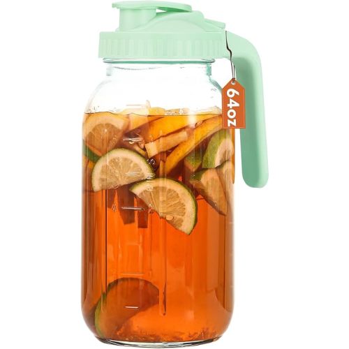 Mason Jar Pitcher With Lid and Spout, 64 OZ Glass Milk Pitcher for milk, Thick Glass Jug Sun Tea Pitcher, Drinks Container, Mason Jar Pour Spout Lid with Wide Mouth for Fridge(1Pack,Green)