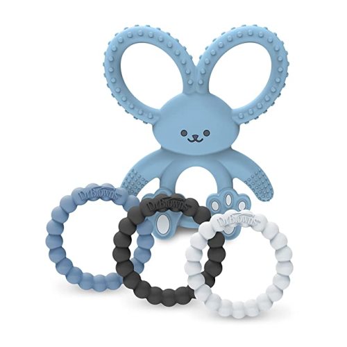 Dr. Brown’s Flexees Beaded Teether Rings and Bunny Teether, 100% Silicone, Soft & Easy to Hold, Encourages Self-Soothe, 4-Pack, Blue, Light Blue, Black, BPA Free, 3m+ - Variety Pack, Rings & Blue Bunny