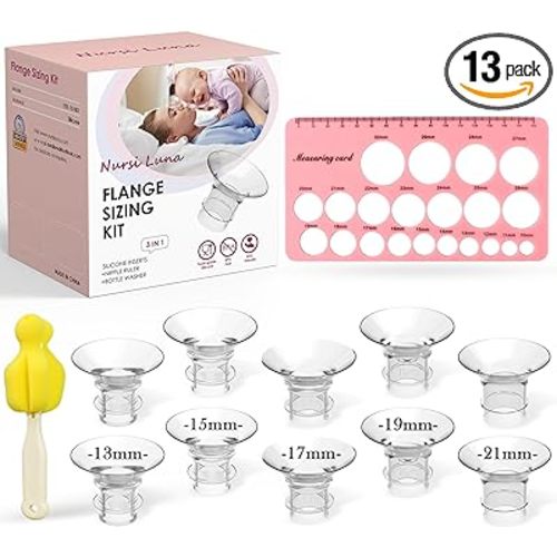 Flange Sizing Kit 3 in 1 Ultimate with 10PCS Flange Inserts 13/15/17/19/21mm, Nipple Ruler, Cleaning Brush, Silicone Flange Insert Kit for 24mm Most Pumps, Pumping Breastfeeding Essentials - 10PCS 13/15/17/19/21mm - Pink
