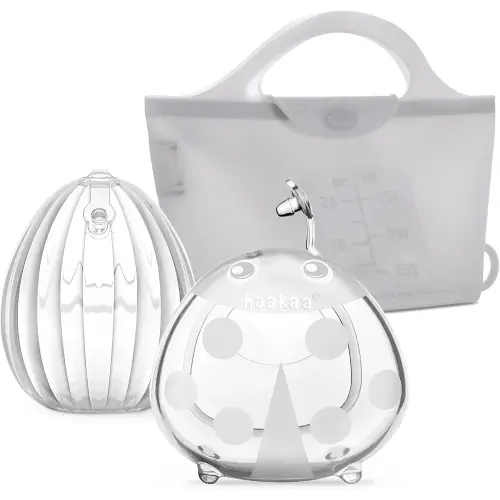 haakaa Milk Collector Set - 75ml Shell Pump, 75ml Milk Collector & 750ml Steriliser Bag - Hands-Free Wearable Breast Pump, Passive Silicone Milk Catcher for Breastfeeding Mom