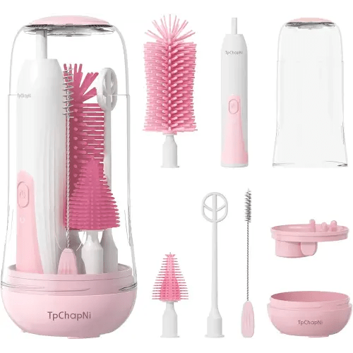 Electric Travel Baby Bottle Brush Set, Electric Bottle Brush Cleaner, Silicone Bottle, Nipple and Straw Brush, Stirring Disperser, Drainage Rack, Storage Box (Pink)