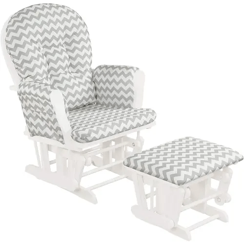 Costzon Nursery Glider with Ottoman, Upholstered Comfort Glider Rocker with Padded Cushion, Storage Pocket, Solid Wood Base, Rocking Chair Nursery for Breastfeeding, Maternity, Napping (Gray & White)