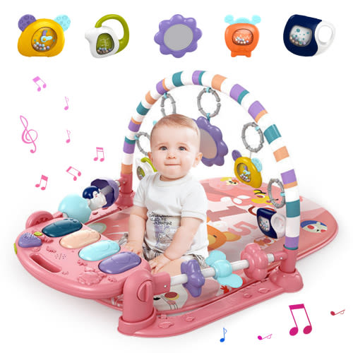 Baby Gym Play Mat, Musical Fitness Tummy Time Mat, for 0-36 Months Boys Girls, Orange Red