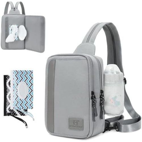 2 in 1 Crossbody Bags for Women Men Sling Diaper Bag Backpack Purse Nylon Cross Body Bag for Woman with Water Bottle Pocket and Wipes Pouch Large Front Chest Shoulder Bag Purses Fanny Packs, Grey