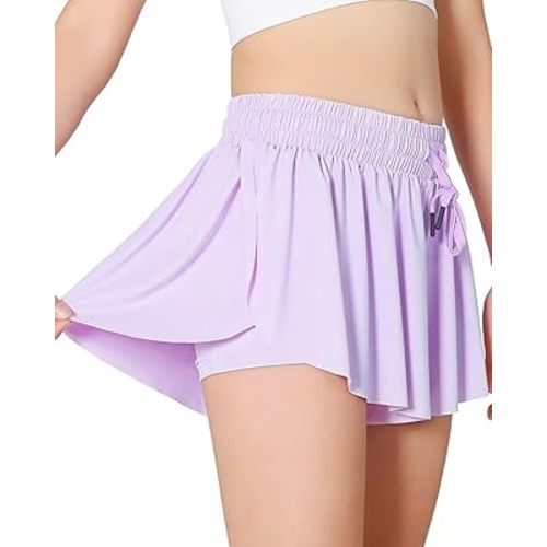 Girls Butterfly Shorts Kids Flowy Shorts 2-in-1 Youth Butterfly Skirts with Pocket