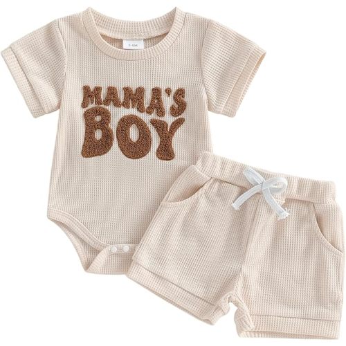 Amiblvowa Newborn 0 3 6 9 12 Months Baby Boy Summer Clothes Letter Print Romper Short Sets Waffle Knit 2 Piece Infant Outfits