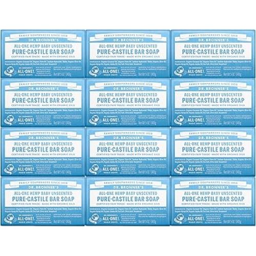 Dr. Bronner's - Pure-Castile Bar Soap (Baby Unscented, 5 Ounce, 12-Pack) - Made with Organic Oils, For Face, Body & Hair, Gentle for Sensitive Skin & Babies, No Added Fragrance, Biodegradable, Vegan