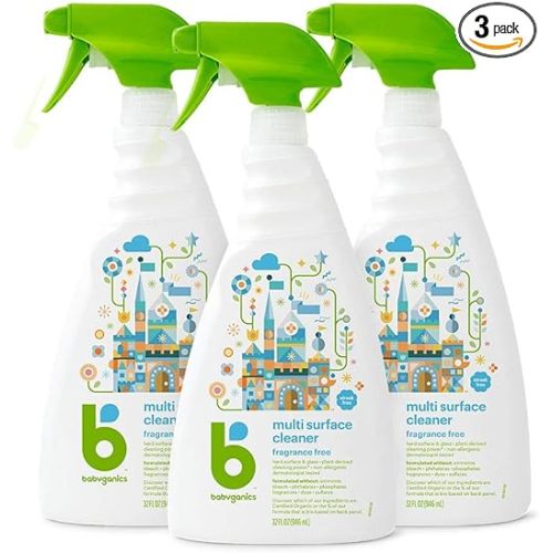 Babyganics Multi Surface Cleaner, Fragrance Free, For Hard Surfaces, Glass, Stainless Steel, Tiles, and Walls, 32 Fl Oz Spray Bottle (Pack of 3)