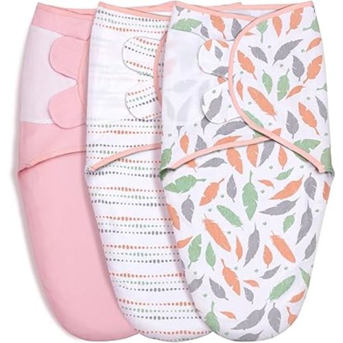 GLLQUEN BABY Swaddle Blankets for Baby Girls, 3-6 Months, Orange Pink Feather & Wave Point, 3 Pack Wrap Set, Newborn Adjustable Swaddles Sleep Sack, (Medium/Large)