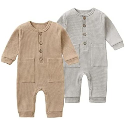 BeiVSlley Newborn Baby Boy Girl 2 Pack Button Solid Romper Infant Long sleeve Knit Cotton Footless Outfits Clothes