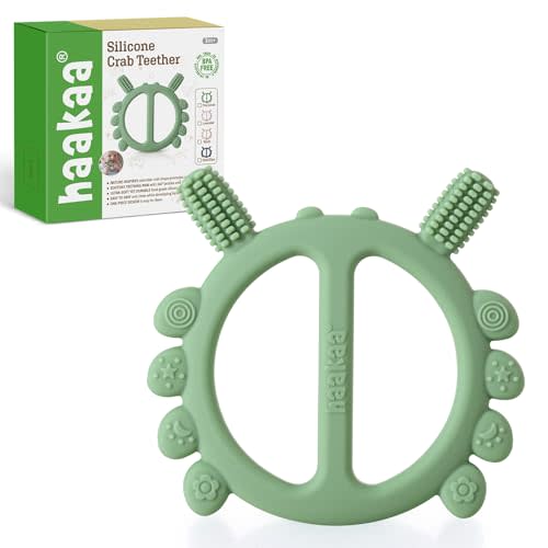 Haakaa Silicone Crab Baby Teether,Teething Toys,360° Baby Toothbrush Head for Infant Self-Brushing Training,Food-Grade Silicone,Pea Green