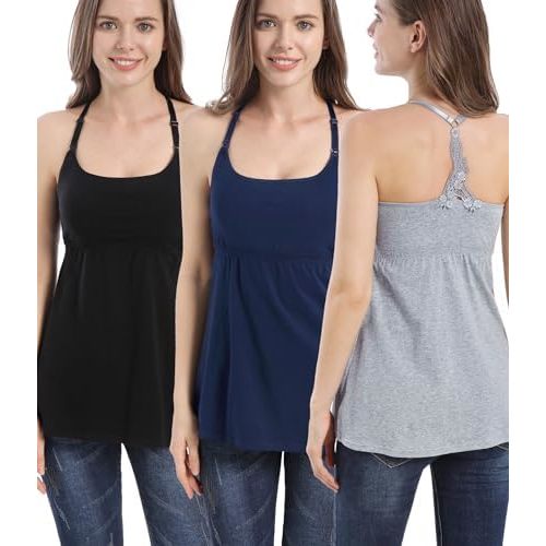 SUIEK 3 Pack Maternity Nursing Tank Tops with Bralette Cotton Breastfeeding Camisole