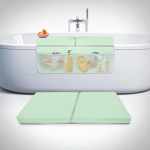 Memory Foam Bath Kneeler and Elbow Rest Pad Set, 2-Inch Thick, Water-Resistant Mat – Baby Bath Time Essentials Cushion and Bath Kneeling Pad for Bathing Baby with Bathtub Toy Organizer (Mint Green)