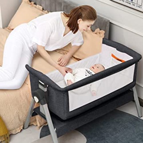 INFANS 3 in 1 Baby Bassinets, Bedside Sleeper for Newborn, Folding Crib with Mattress, Travel Bag, Wheels, 4-Sided Mesh, Easy to Assemble Cradle Co Sleeper Stationary Rock, Grey