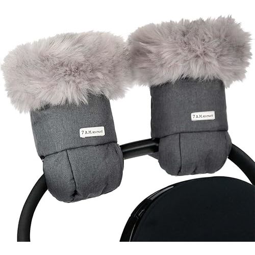 7AM Enfant Stroller Warmmuffs Gloves - Anti-Freeze Stroller Mittens for Handlebars, Water Repellent Hand Warmer Muff for Cold Weather, Plush Lined (Heather Grey Dark/Arctic Faux Fur)
