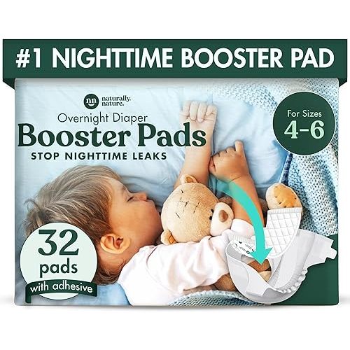 Naturally Nature Overnight Diaper Booster Pads, Stops Overnight Diapers from Leaking, Diaper Liners for Toddler Overnight Diapers, Nighttime Diapers, Adhesive Diaper Pad for Girls, Boys, 32 ct.