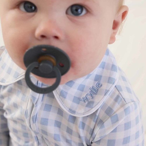Peter Pan Collar Zipper Footie | Dusty Blue Gingham
