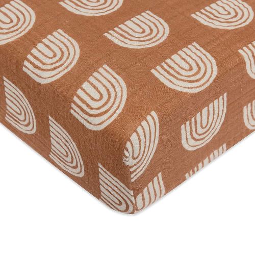 Babyletto 100% Organic Cotton Crib Sheet, GOTS-Certified, Fitted 360°, Ultra-Soft and Breathable Muslin - Terracotta Rainbow