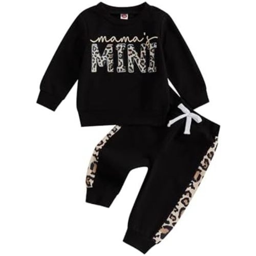 Toddler Baby Girl Fall Winter Clothes Letter Print Leopard Color Block Long Sleeve Pullover Sweatshirt Pants Set