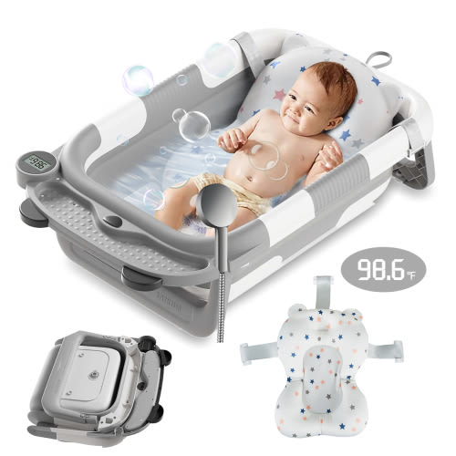 Foldable Baby Bathtub Portable Infant Baby Bath Tub with Thermometer and Shower Hole(Gray + Pad)