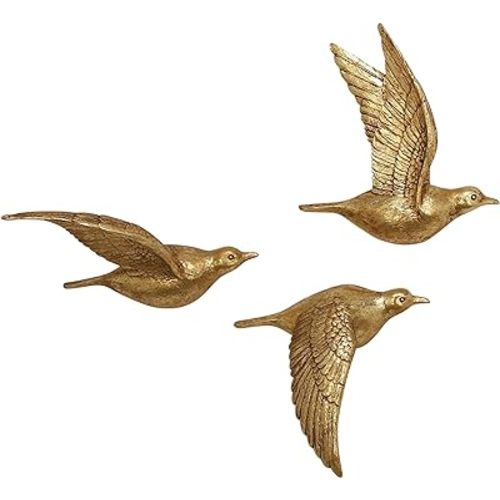 Deco 79 Polystone Bird Home Wall Decor Metallic 3D Sculpted Floating Wall Sculpture, Set of 3 Wall Art 10",10",10"H, Gold