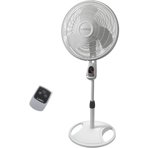 Lasko Oscillating Adjustable Pedestal Stand Fan with Timer and Remote for Indoor, Bedroom, Living Room, Home Office & College Dorm Use, 16 Inch, White, 1646