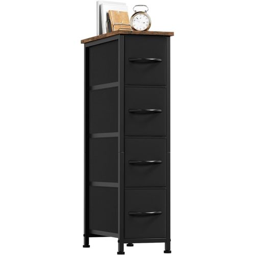 Somdot Narrow Dresser with 4 Drawers, Slim Storage Chest of Drawers with Removable Fabric Drawers for Closet Small Spaces Bathroom Bedroom Laundry, Black