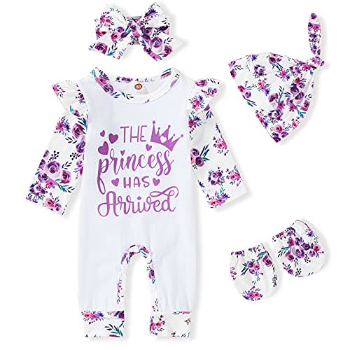 GRNSHTS Newborn Baby Girl Romper Infant Letter Print Jumpsuit Floral Bodysuit+Hat+Headband+Gloves Coming Home Clothes Outfits
