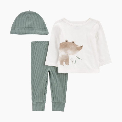 Carter's Take Me Home 3 Piece Set Organic Cotton Ribbed Bundle - Green Bear, 3 M