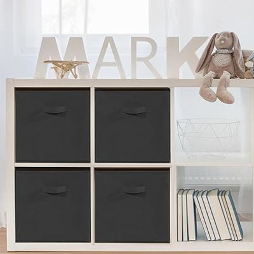 11x11 Storage Bins, Set of 4 Storage Cubes, Collapsible Cube Storage Bins, Fabric Closet Organizers with Handles for Home, Office, Closet Shelf Cabinet, Bookcase, Black
