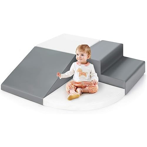 Costzon Climb and Crawl Foam Play Set, 4-Piece Soft Toddler Corner Climber Indoor Active Play Structure for Babies & Toddlers, Great for Climbing, Sliding and Physical Activity (White + Grey)