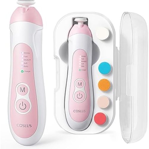 COSLUS C52 Rechargeable Baby Nail File: Cordless Baby Nail Trimmer Electric with 5 Speeds & 6 Grinding Heads for Baby Kid, CPC Certified and Quiet Design - Safe for Sleep Trim Buffer, Pink