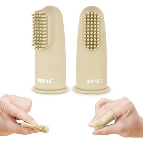 haakaa Silicone Baby Finger Toothbrush Set - Ultra Soft Bristles for Baby Oral Gum Cleaning| Baby Teething Training| Newborn Oral Massager, BPA Free,2PK - 0m+Babies - Cream