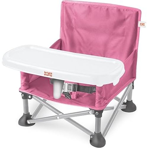 Bright Starts Pop 'N Sit Portable Booster, Indoor/Outdoor Use, Floor Seat with Feeding Tray, Pink, 6 Mos - 3 Yrs