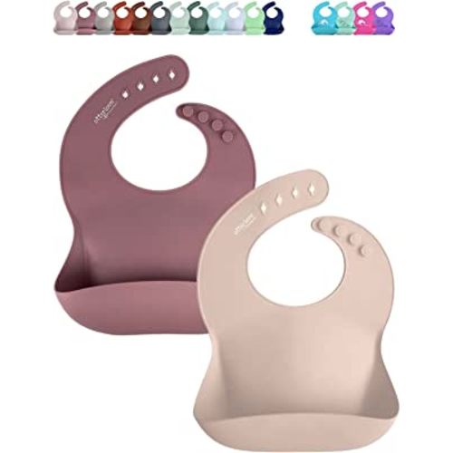 Silicone Baby Bibs, 100% Pure Platinum LFGB with No Fillers, Wide Food Catching Pocket, Blush and Woodchuck, Pack of 2