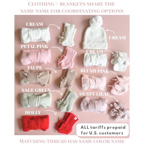 newborn booties, matching hat, oversized bow headband, infant knitwear, birth announcement photoshoot, baby shower gift, coming home outfit