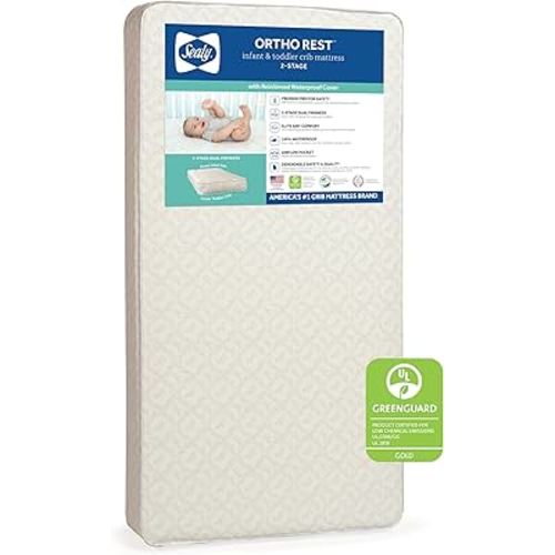 Sealy Baby Ortho Rest Extra Firm Waterproof Baby Crib Mattress & Toddler Bed Mattress, 150 Premium Coils, Orthopedic Airy Comfort, GREENGUARD Air Quality Certified - Made in USA, 52"X28"