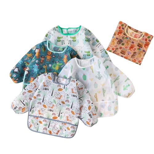 HaimoBurg 5 Pcs Long Sleeved Baby Toddler Bibs Waterproof Sleeved Bib 3-24 Months