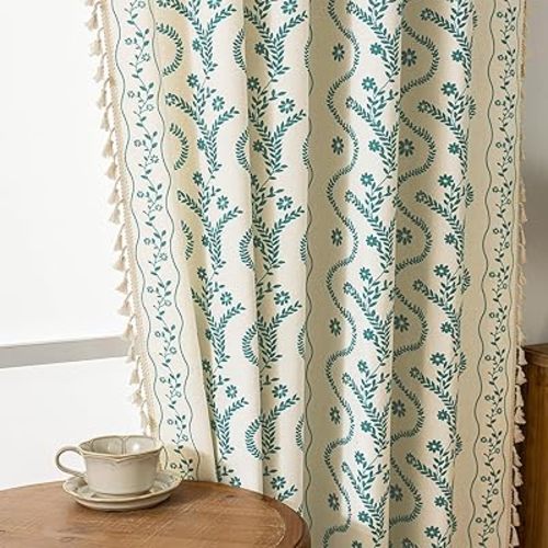 Boho Curtains 96 Inch Long for Living Room, Bedroom,Turquoise White 2 Panels Floral Farmhouse Vintage Tassel Semi Sheer Light Filtering Privacy Window Curtain Drapes with Rod Pocket