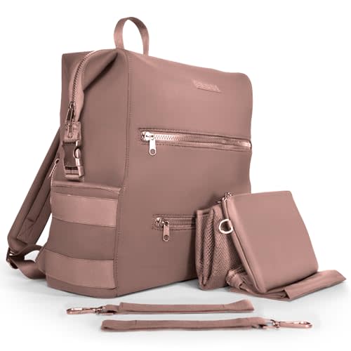 BUNSO Baby Neoprene Diaper Bag, Minimalist Backpack Diaper Bag with Pouch, Changing Pad, and Stroller Straps, Water Resistant and Lightweight Baby Girl Diaper Bag, Diaper Bag Backpack, Mauve
