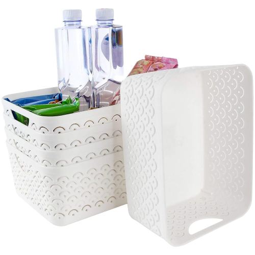 5 Pack Plastic Storage Baskets, Portable White Fish Scale Pattern Hollow Desktop Storage Bin Box with Handle for Kitchen, Bathroom, Kids Room or Nursery Storage – 9.4 x 7.1 x 4.1 inches