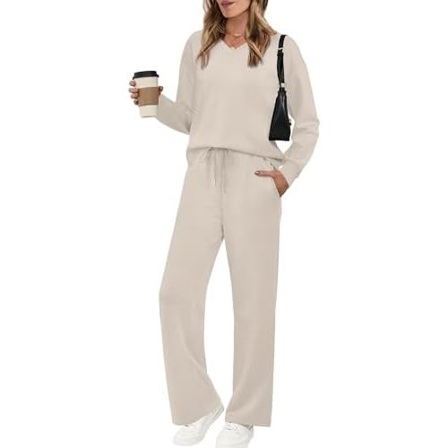 WIHOLL Lounge Sets for Women 2026 V Neck 2 Piece Outfits Airport Wide Leg Pants Matching Set Sweatsuits