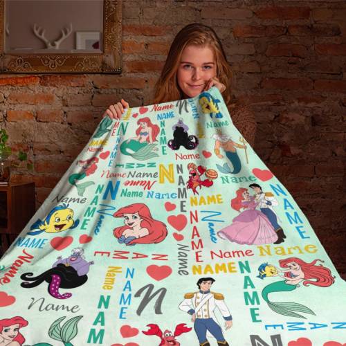 Personalized Name The Little Mermaid Blanket, Princess Ariel Blanket, Disney Fleece Mink Sherpa Blanket, Birthday Gift, Baby Throw Blanket