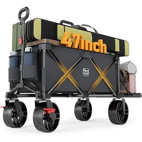 TIMBER RIDGE 47" L Collapsible Folding Wagon with Tailgate, 300lbs Heavy Duty Beach Wagon with All-Terrain Big Wheels, 250L Foldable Utility Cart for Sand Camping Sports Shopping, Grey