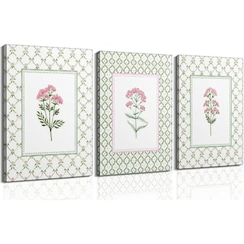 3Pcs Pink Green Floral Canvas Wall Art Wildflower Baby Room Painting Picture Wall Decor Pastel Botanical Poster Print Artwork for Bedroom Living Room Girls Bedroom Nursery Dining Room Home Decoration