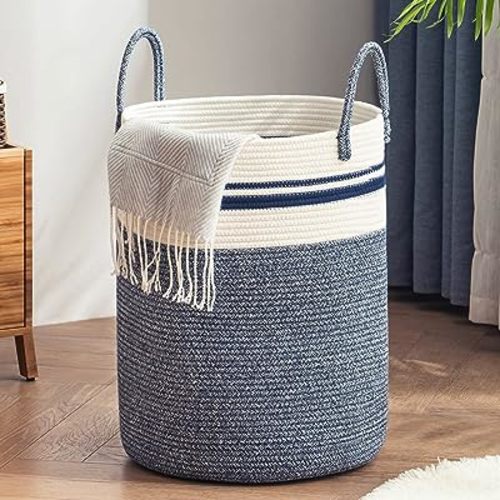 Woven Rope Laundry Hamper Basket, 72L Tall Laundry Basket, Baby Nursery Hamper for Blanket Storage in Bedroom-Large-Blue